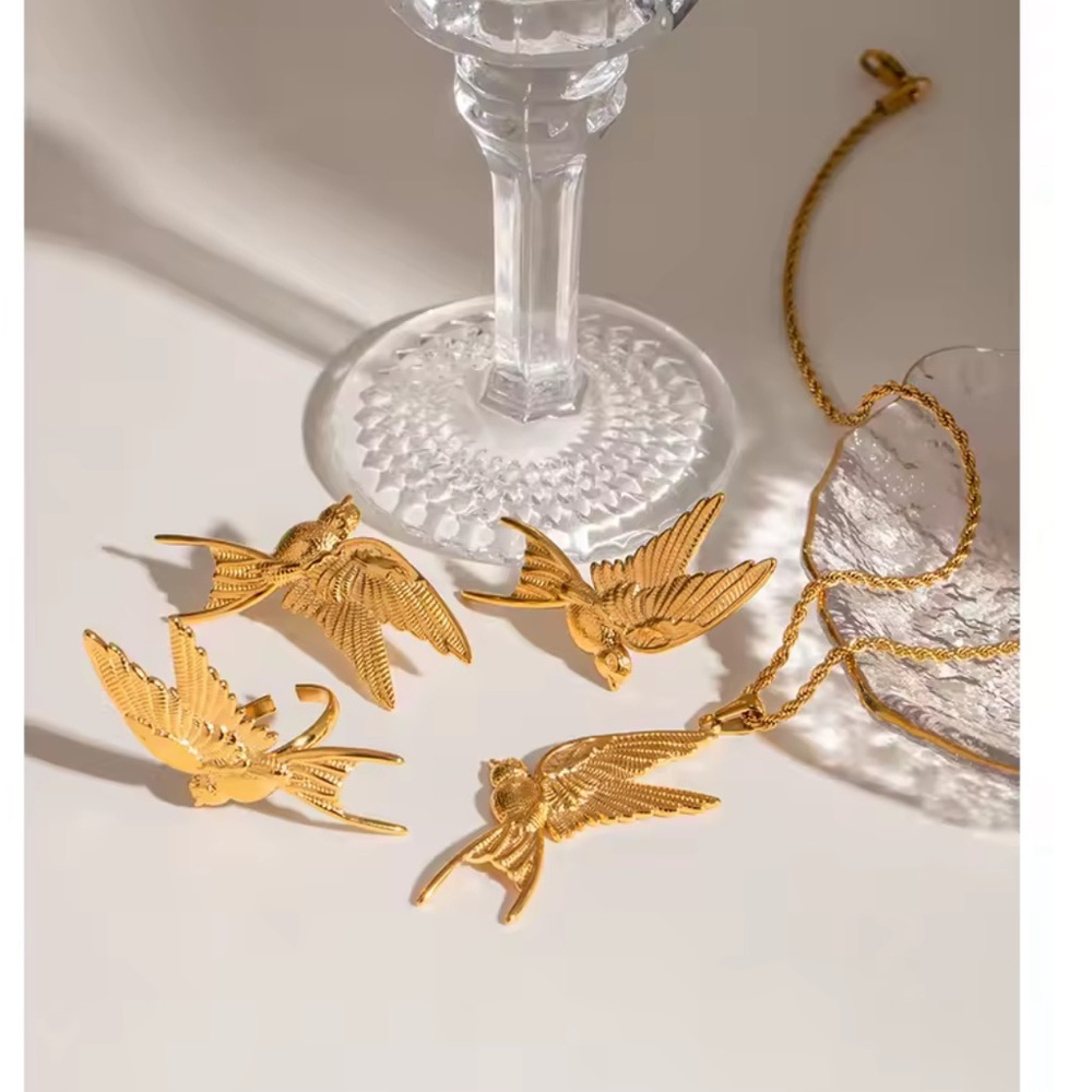 Swallow Peace Bird 18k Gold Stainless Steel Ring, Earrings, Necklace Set - Picture 6 of 17